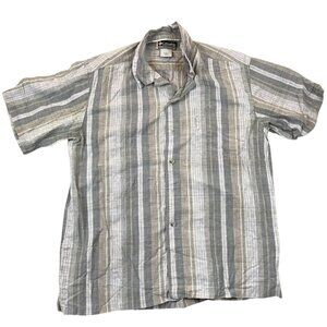 Columbia Mens Shirt XL Casual Short Sleeve Button-Up Shirt Beige Gray Pinstriped